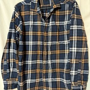 Eddie Bauer Navy and Yellow/Orange Plaid Flannel Shirt (Large)